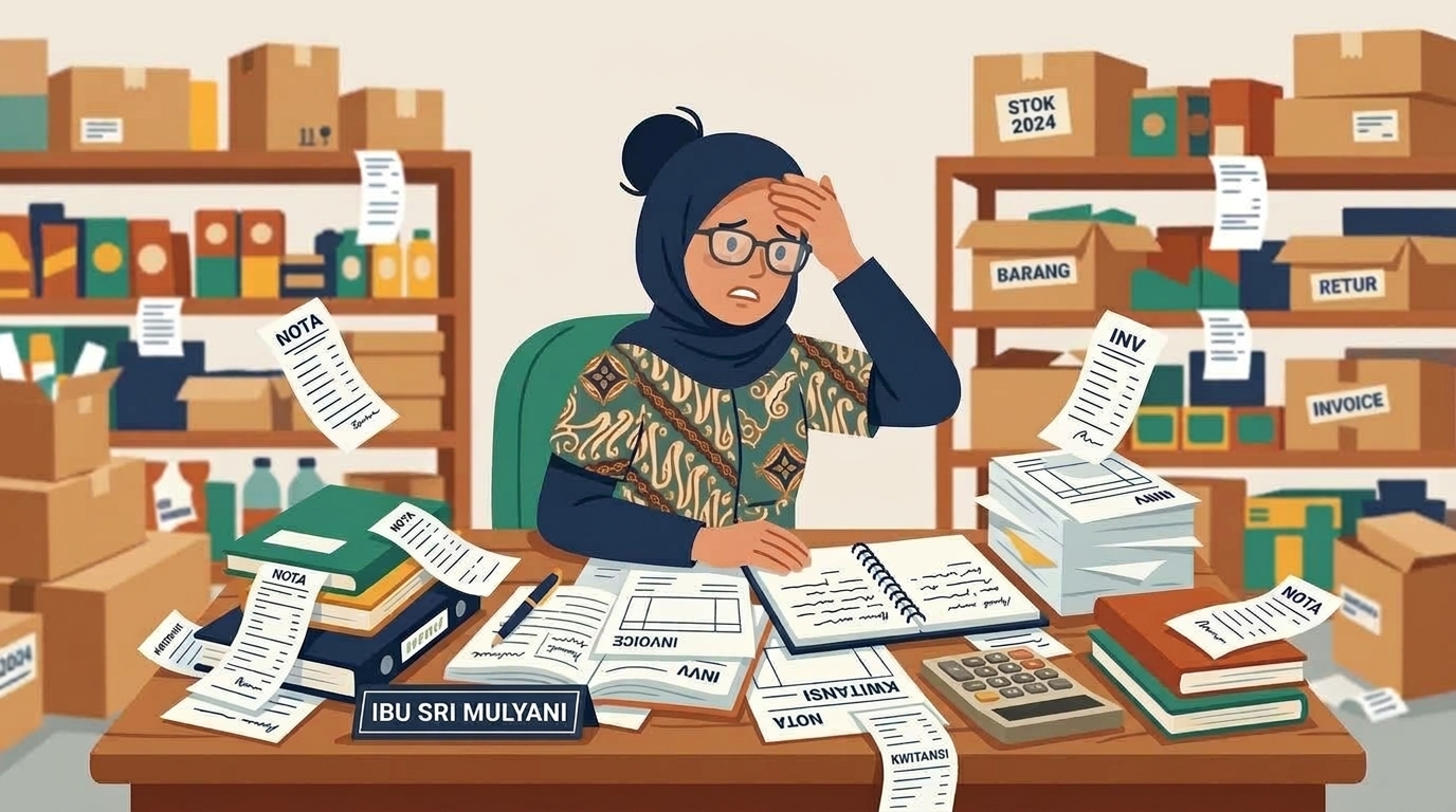 Ilustrasi pemilik toko kewalahan mencatat penjualan dan stok secara manual di buku tulis