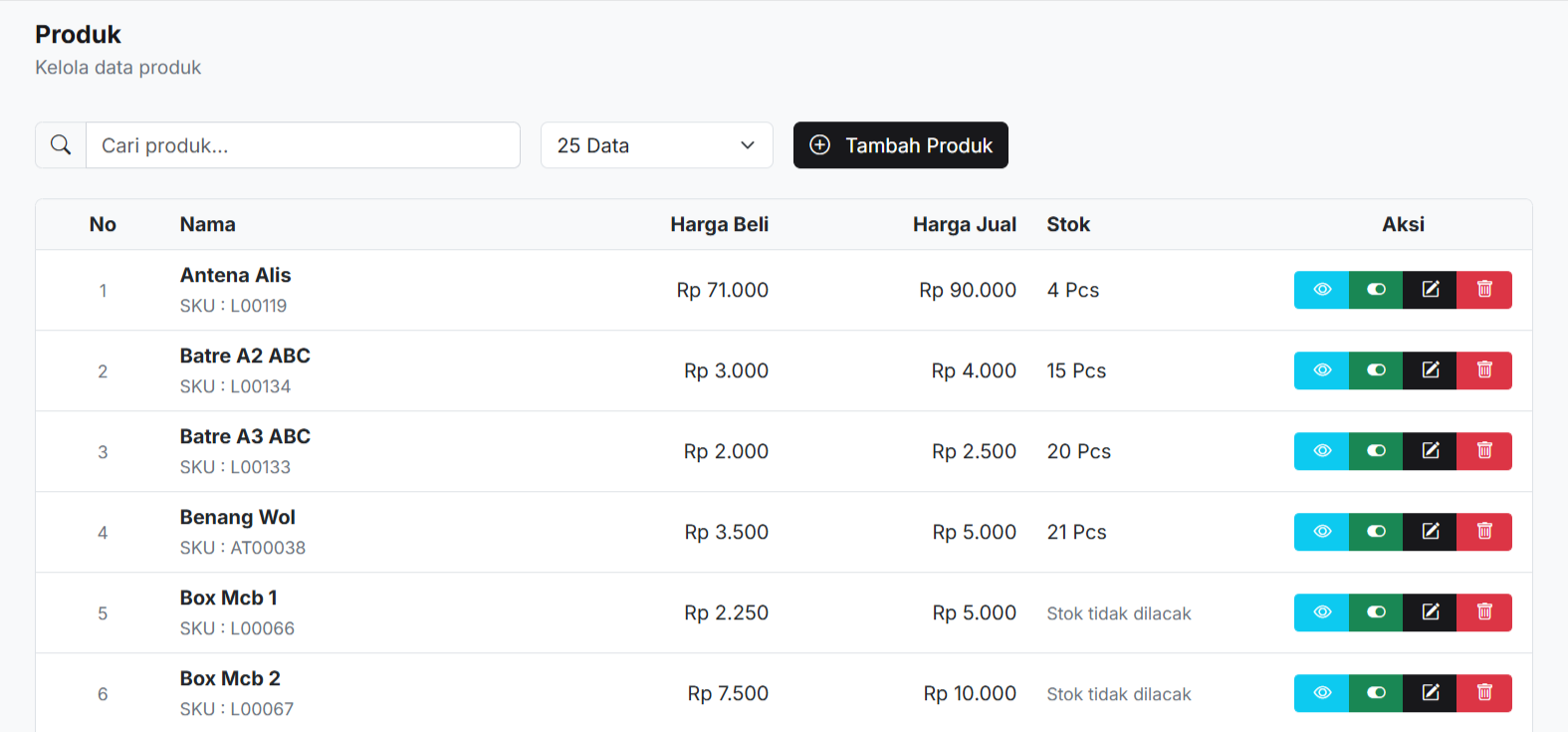 Halaman manajemen produk di aplikasi BHAKTI POS